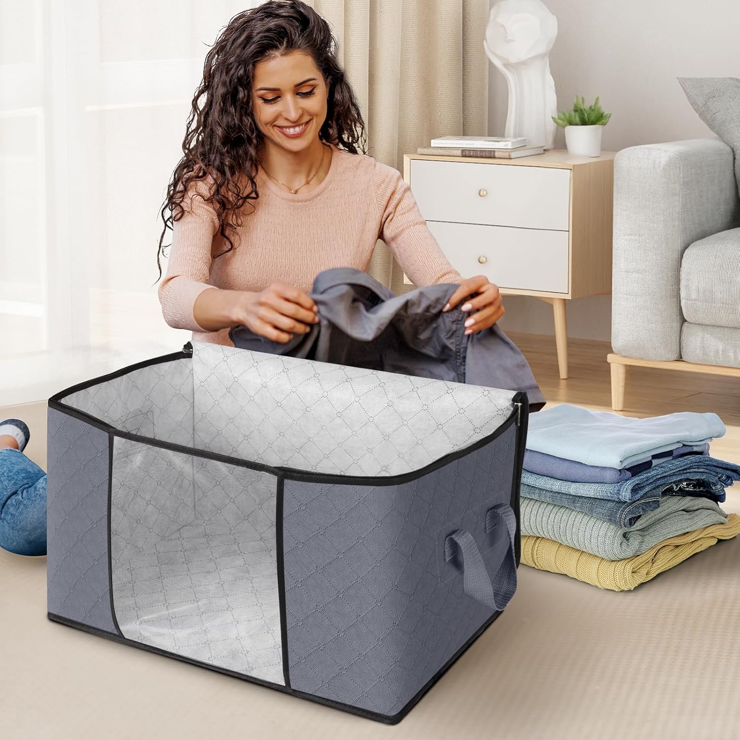 Fab totes 6 Pack Clothes Storage, Foldable Thick Fabric Blanket Storage Bags, Containers for Organizing Bedroom, Closet, Clothing, Comforter,Closet Organization with Handle,Grey - Image 3