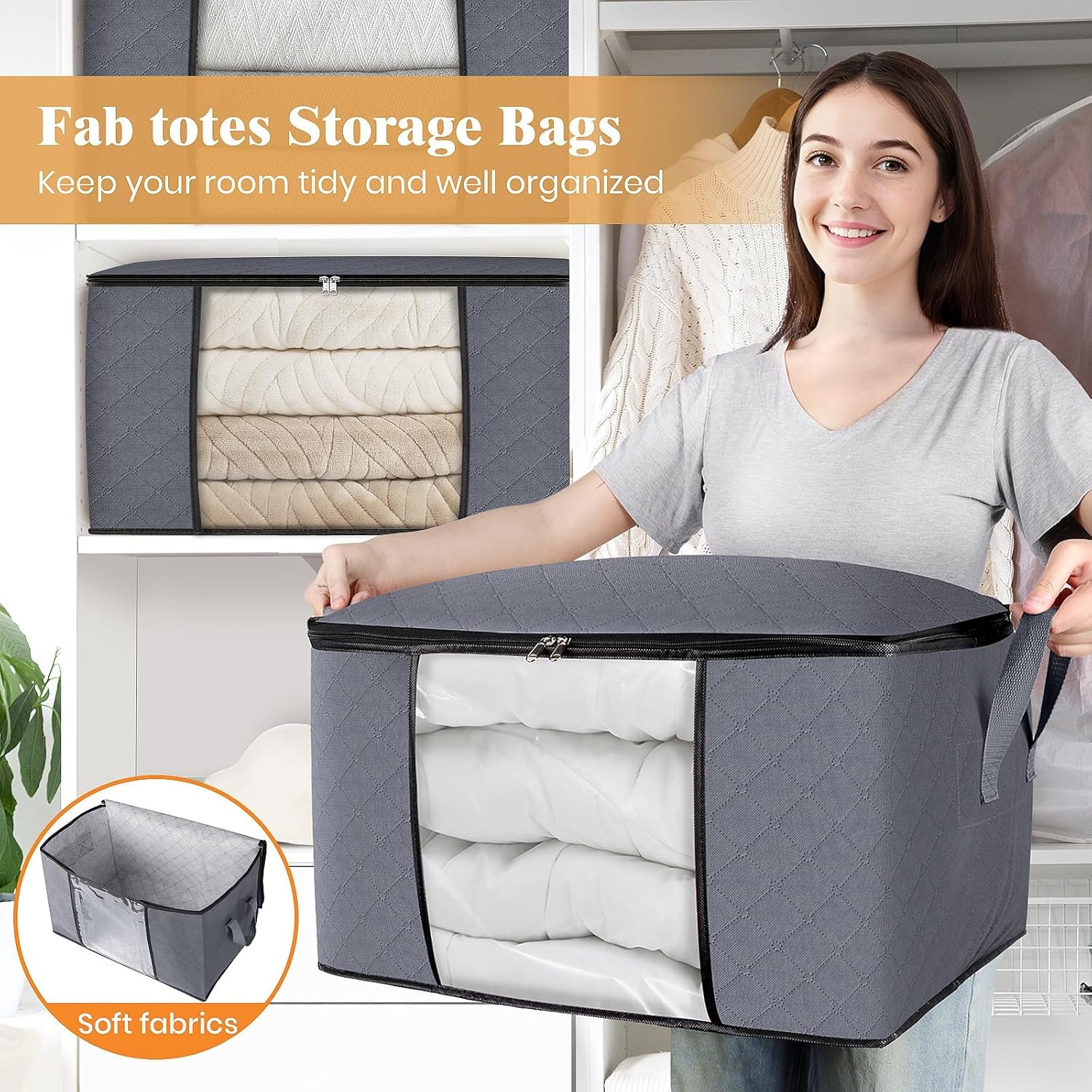 Fab totes 6 Pack Clothes Storage, Foldable Thick Fabric Blanket Storage Bags, Containers for Organizing Bedroom, Closet, Clothing, Comforter,Closet Organization with Handle,Grey - Image 5