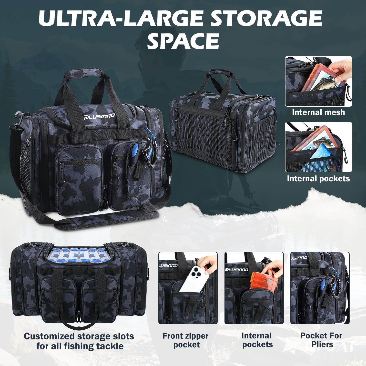 PLUSINNO Tackle Bag - Expandable Fishing Bag for Saltwater & Freshwater - Water Resistant Fishing Gear - Image 4